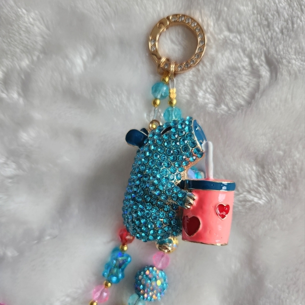 Colorful Capybara Beaded Bag Charm with Blue and Gold Accents - Picture 2 of 7